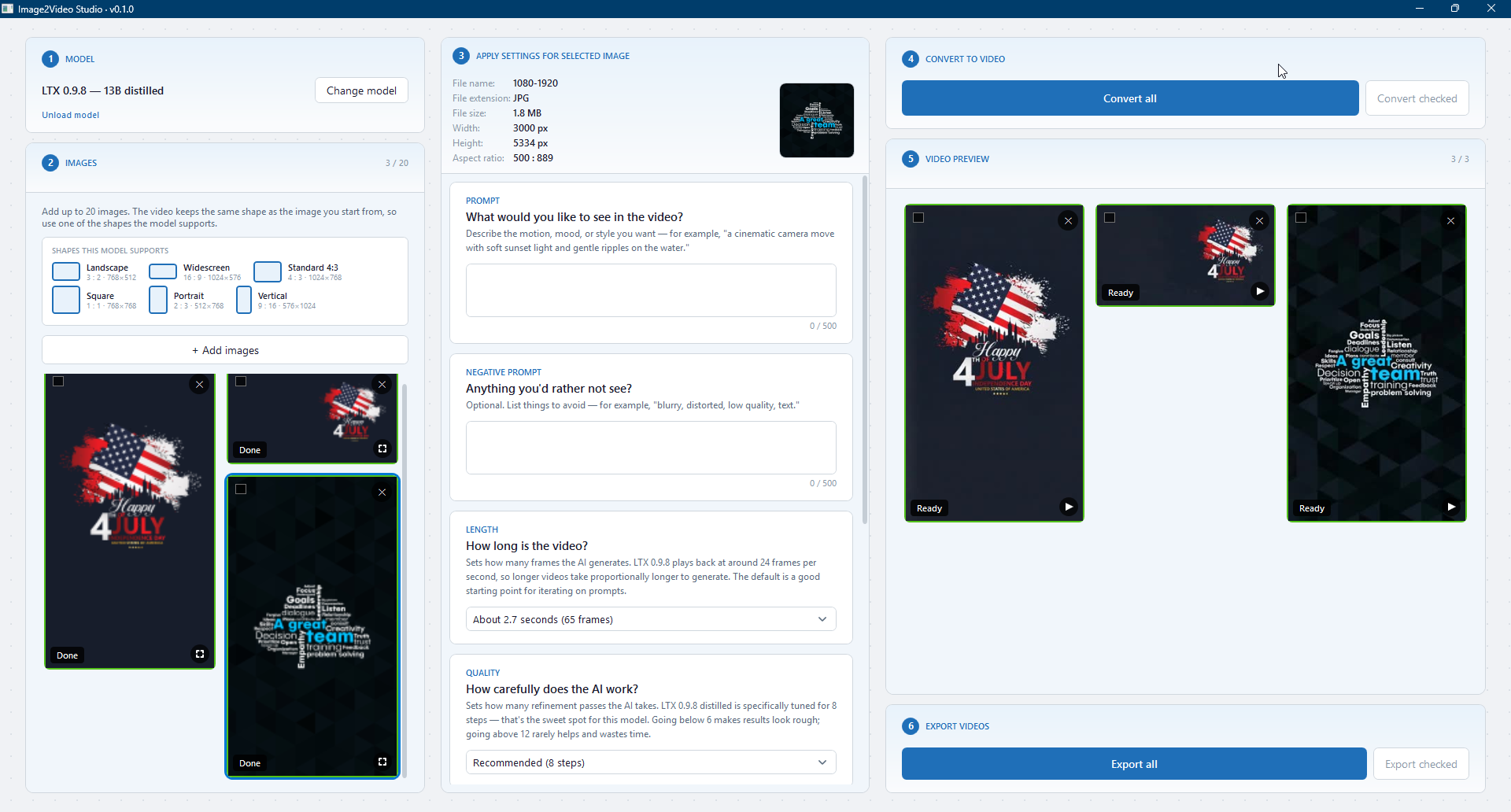 The Image2Video Studio workspace. On the left: a model picker showing the loaded model, and a list of source photos. In the centre: settings for the selected image including a motion description, length, and quality. On the right: convert and export controls, with a masonry grid of generated videos.
